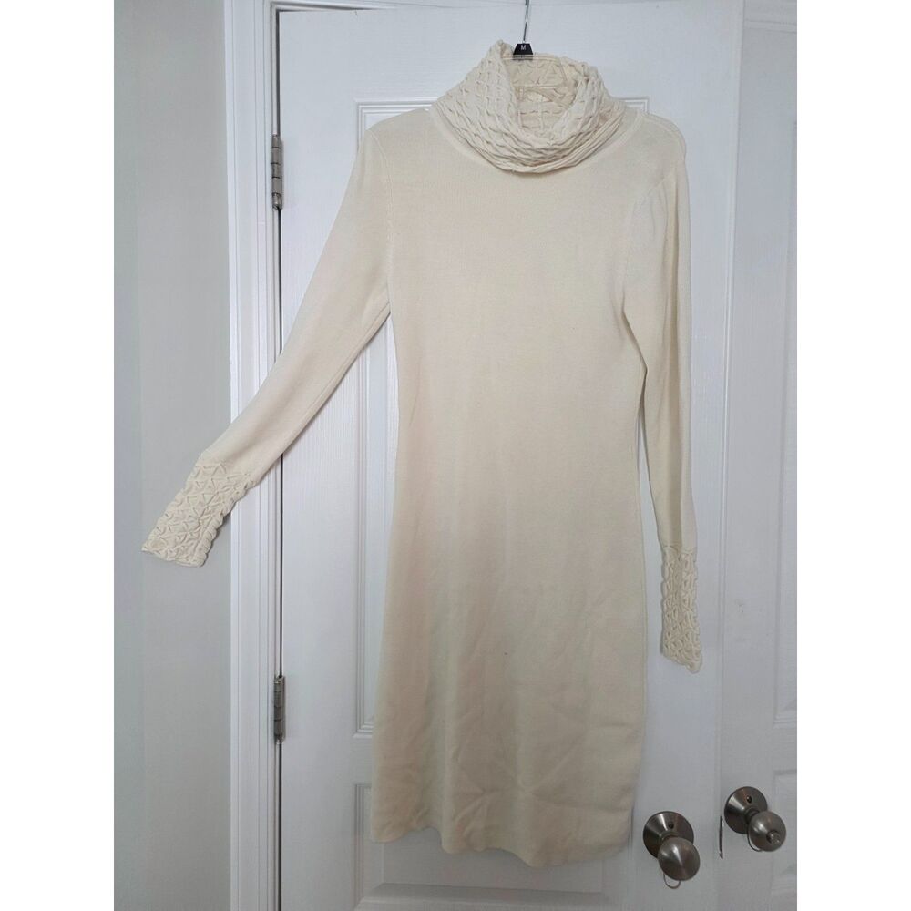 Moda International Ivory Sweater Dress Cowl Neck Textured Cuffs Size M